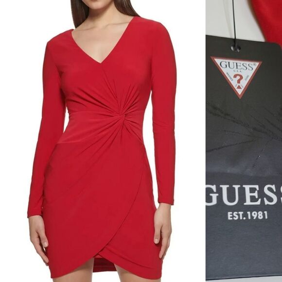 $120 NEW GUESS SEXY RED STRETCH JERSEY LONG SLEEVE LINED DRESS 4 SMALL NWT - Picture 1 of 8